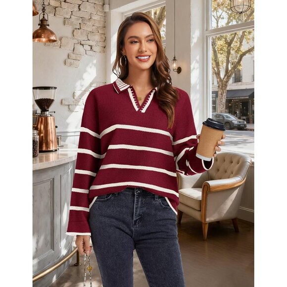 Women’s Burgundy Fall Polo Sweater Striped V Neck Long Sleeve Pullover - Picture 6 of 6